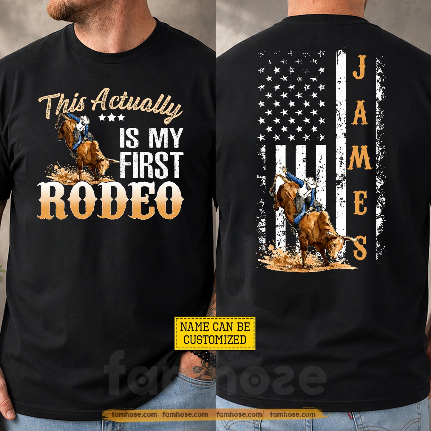 Personalized Cowboy Bull Riding USA Two-sided T-shirt, This Actually Is My First Rodeo Tees Gift For Cowboys, Bull Riding Lover