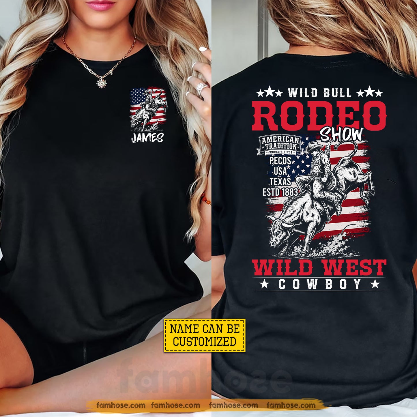 Personalized Cowboy Bull Riding USA Two-sided T-shirt, Wild Bull Rodeo Show Tees Gift For Cowboys, Bull Riding Lover