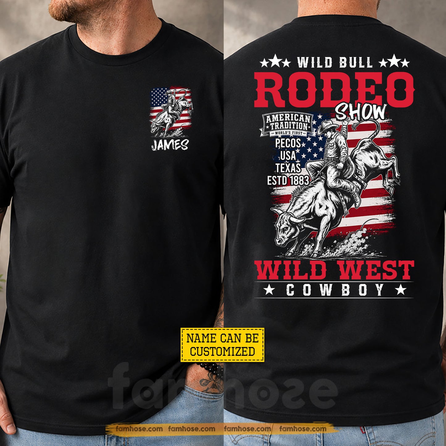Personalized Cowboy Bull Riding USA Two-sided T-shirt, Wild Bull Rodeo Show Tees Gift For Cowboys, Bull Riding Lover
