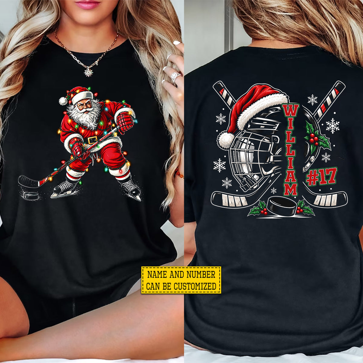 Personalized Christmas Hockey Two-sided T-shirt, Slap Shots & Santa Claus Sports Tees Xmas Gift For Hockey Lover