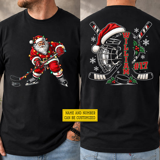 Personalized Christmas Hockey Two-sided T-shirt, Slap Shots & Santa Claus Sports Tees Xmas Gift For Hockey Lover