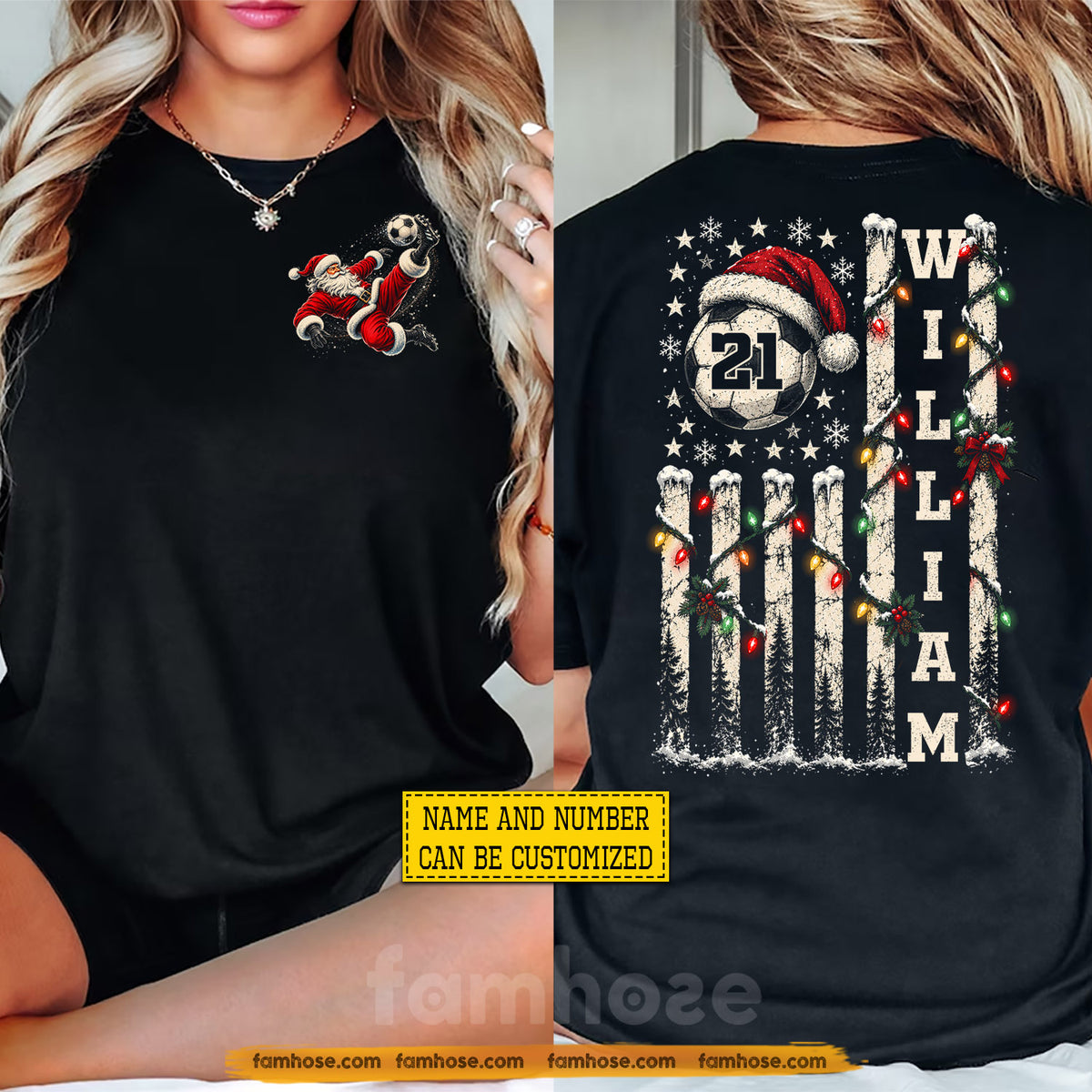 Personalized Christmas Soccer Two-sided T-shirt, Santa Bicycle Kick And Christmas Lights American Flag Sport Tees, Xmas Gift For Soccer Lover