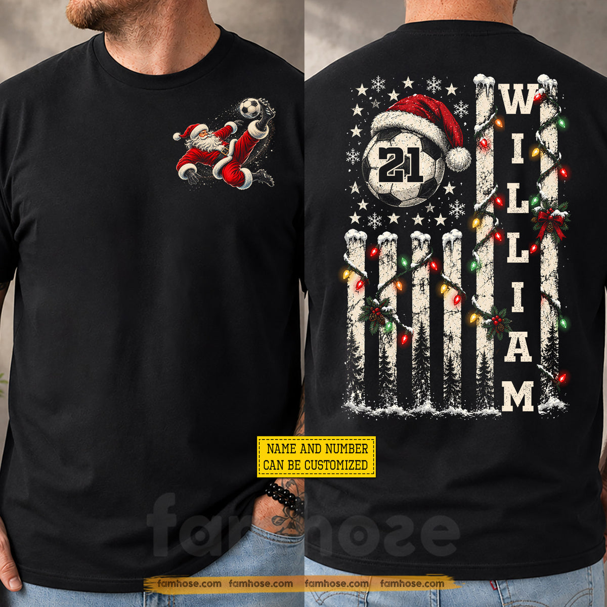 Personalized Christmas Soccer Two-sided T-shirt, Santa Bicycle Kick And Christmas Lights American Flag Sport Tees, Xmas Gift For Soccer Lover