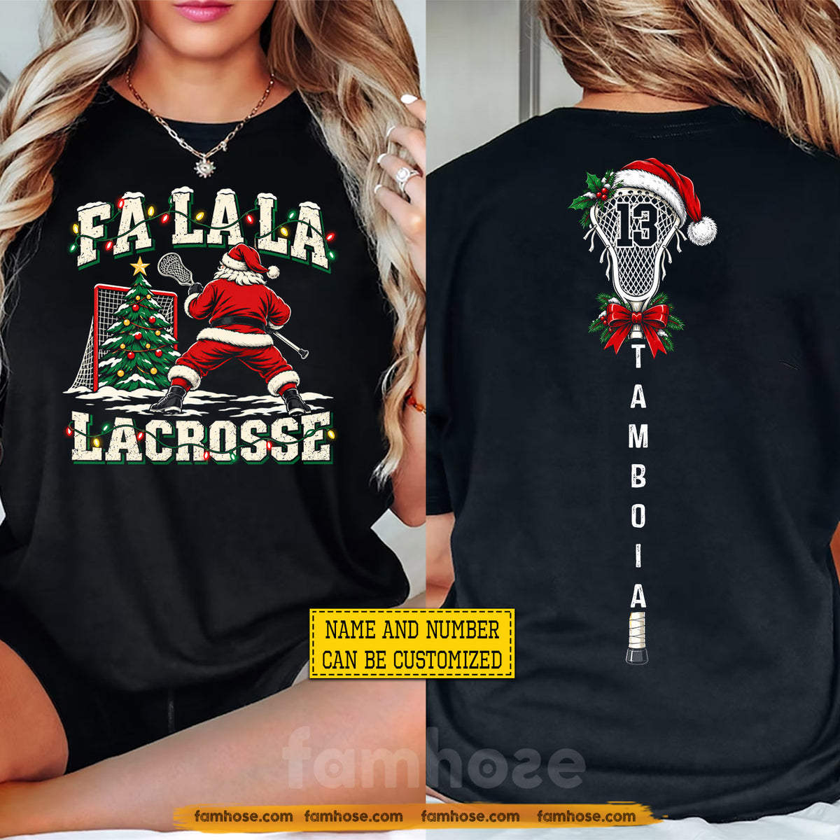 Personalized Christmas Lacrosse Two-sided T-shirt, Fa La La Lacrosse Sport Tees, Xmas Gift For Lacrosse Lover