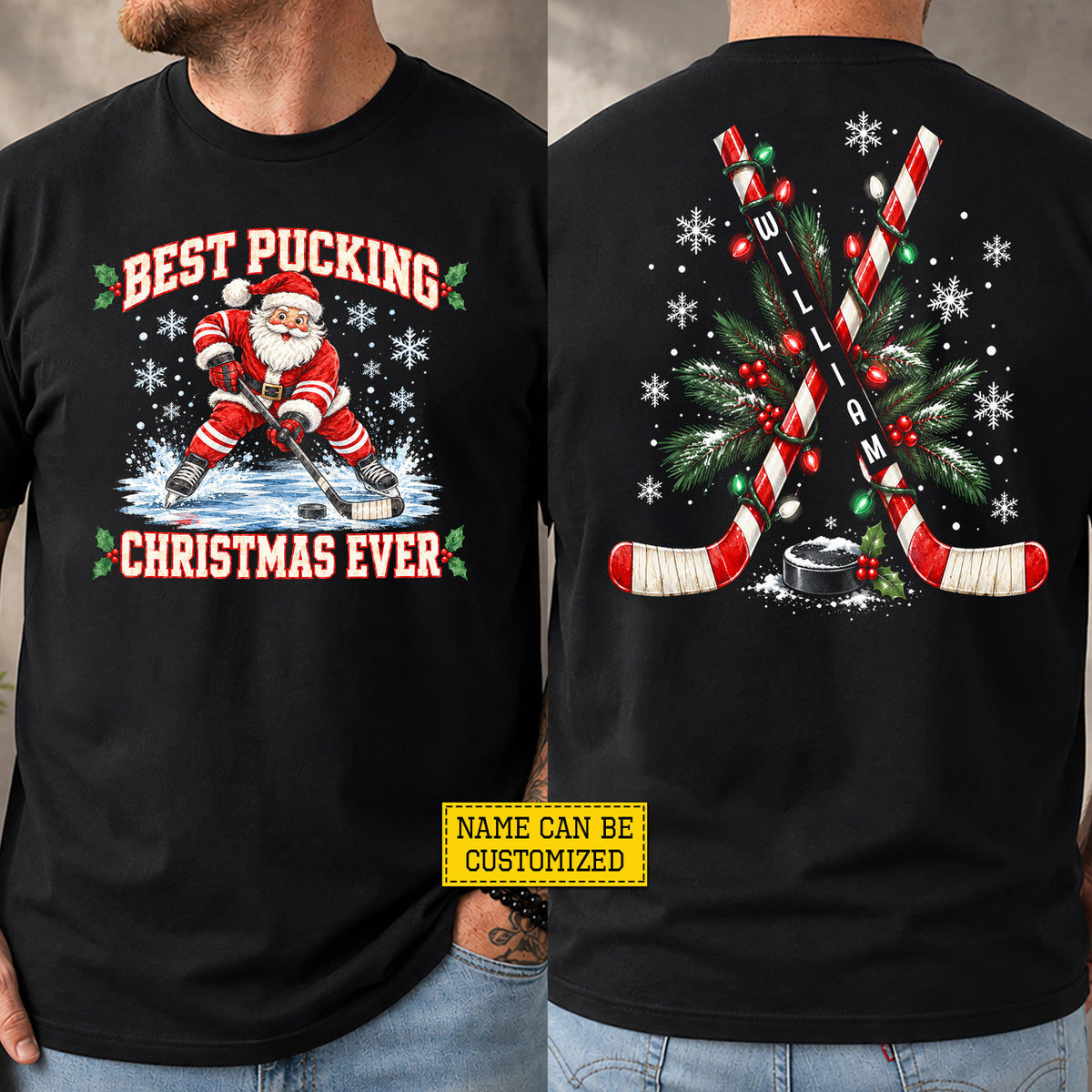 Personalized Christmas Hockey Two-sided T-shirt, Best Pucking Christmas Ever Sports Tees Xmas Gift For Hockey Lover