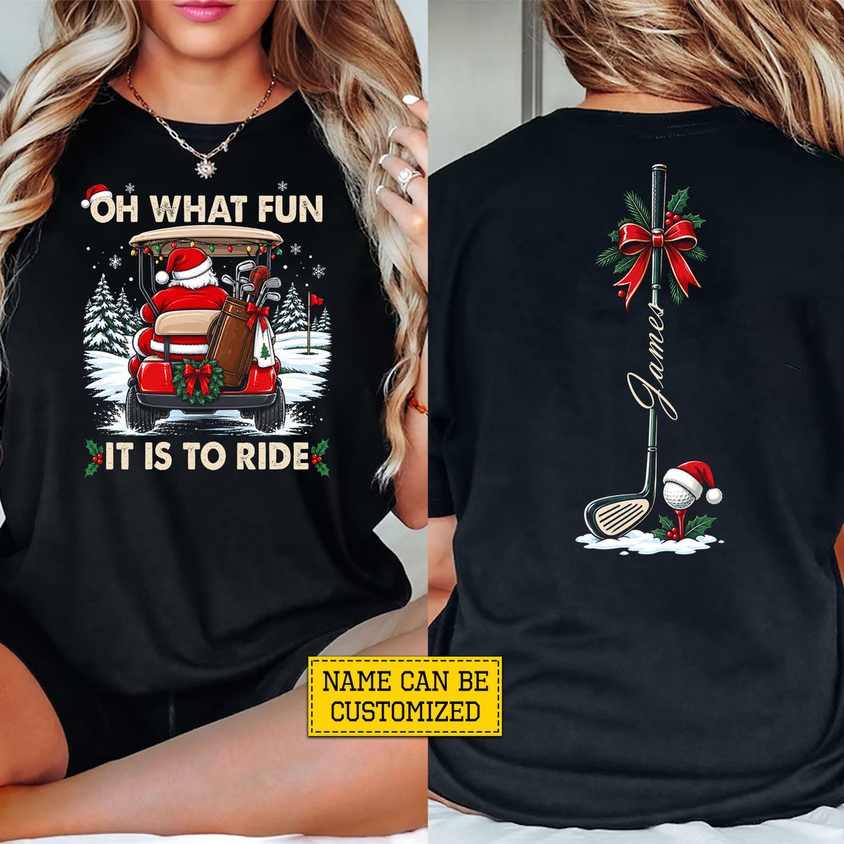Funny Personalized Christmas Golf Two-sided T-shirt, Oh What Fun It Is To Ride Tees, Xmas Gift For Golf Lover