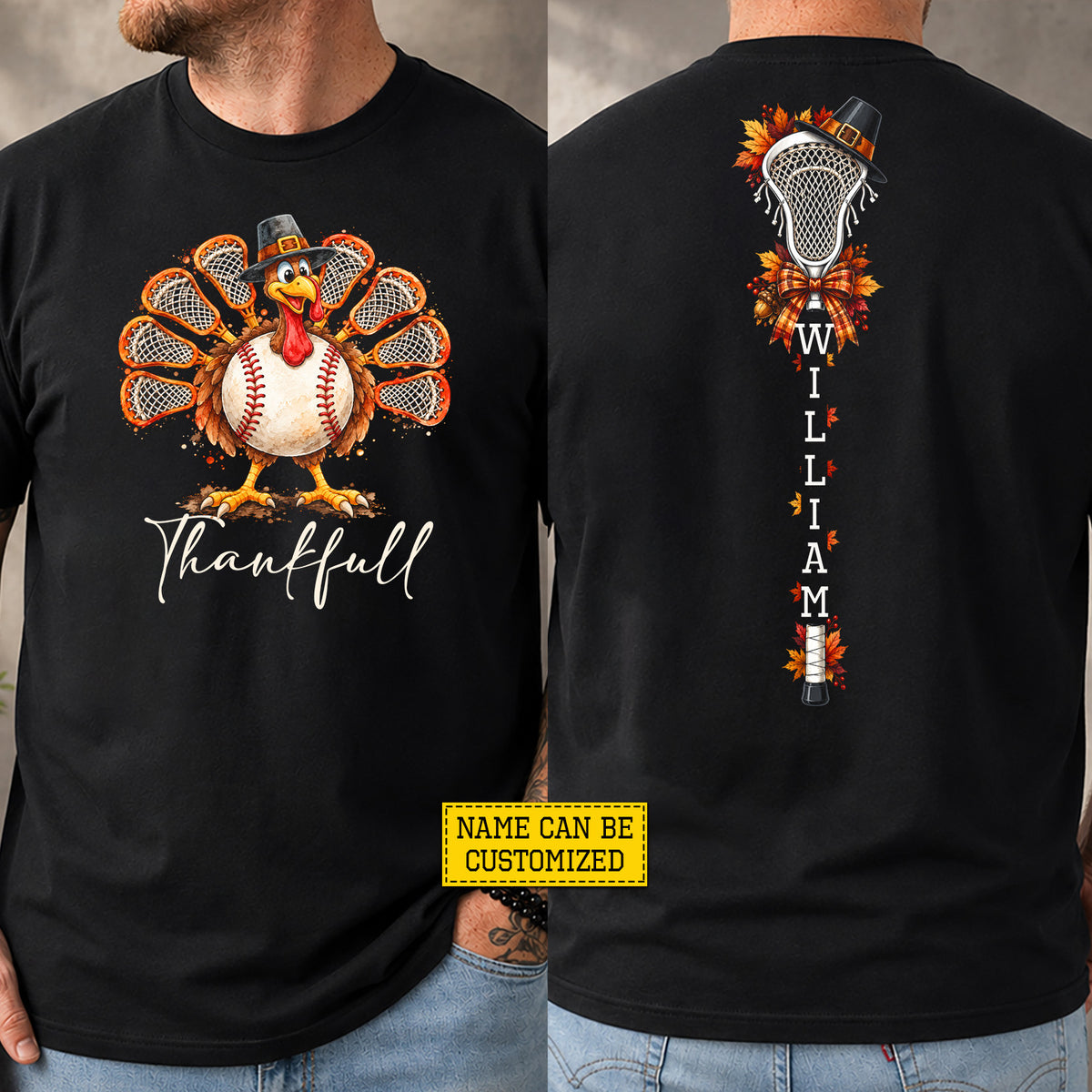 Personalized Thanksgiving Lacrosse Turkey Two-sided T-shirt, Thankful Tees Sport Gift For Lacrosse Lover