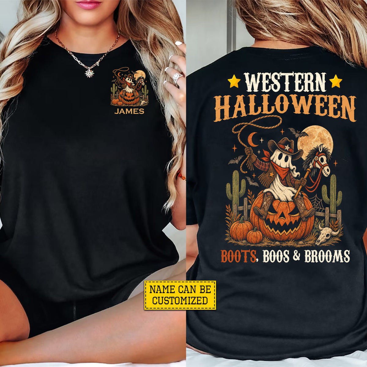 Personalized Western Halloween Cowboy Two-sided T-shirt, Boots, Boos & Brooms Tees Spooky Season Gift For Cowboys