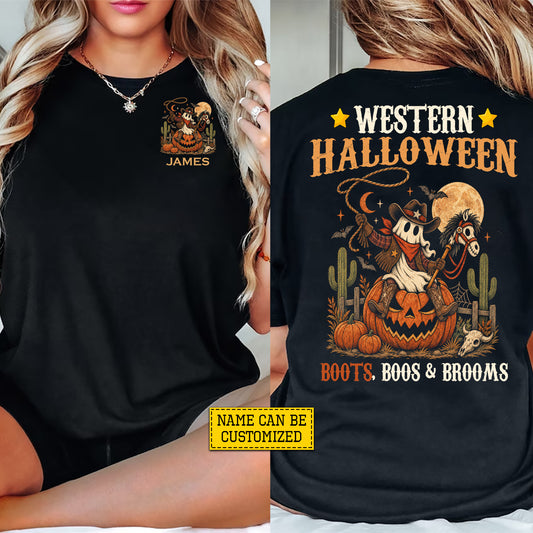 Personalized Western Halloween Cowboy Two-sided T-shirt, Boots, Boos & Brooms Tees Spooky Season Gift For Cowboys