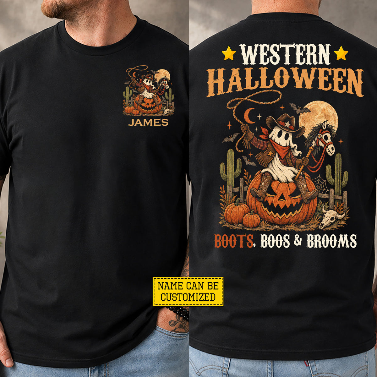 Personalized Western Halloween Cowboy Two-sided T-shirt, Boots, Boos & Brooms Tees Spooky Season Gift For Cowboys