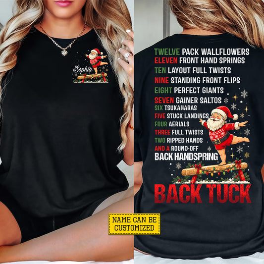 Personalized Christmas Gymnastics Two-sided T-shirt, Santa 12 Days of Gymnastics Back Tuck Sport Tees, Xmas Gift For Gymnastics Lover