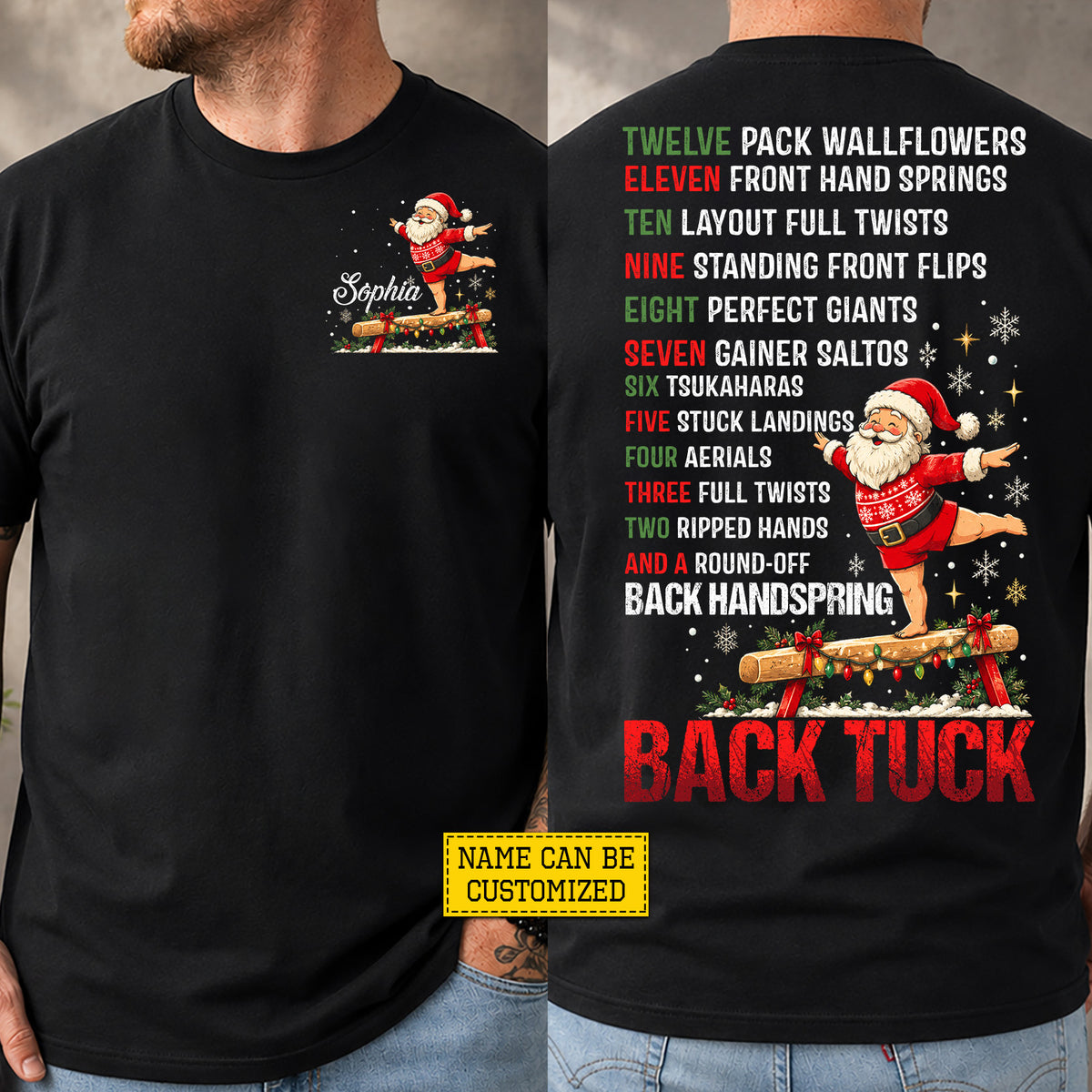 Personalized Christmas Gymnastics Two-sided T-shirt, Santa 12 Days of Gymnastics Back Tuck Sport Tees, Xmas Gift For Gymnastics Lover