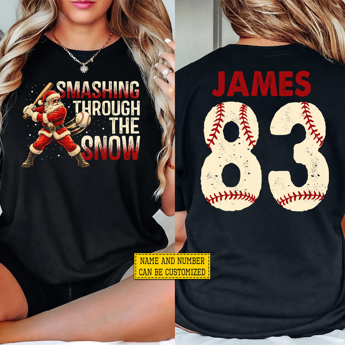 Personalized Christmas Baseball Two-sided T-shirt, Smashing Through The Snow Sport Tees, Xmas Gift For Baseball Lover
