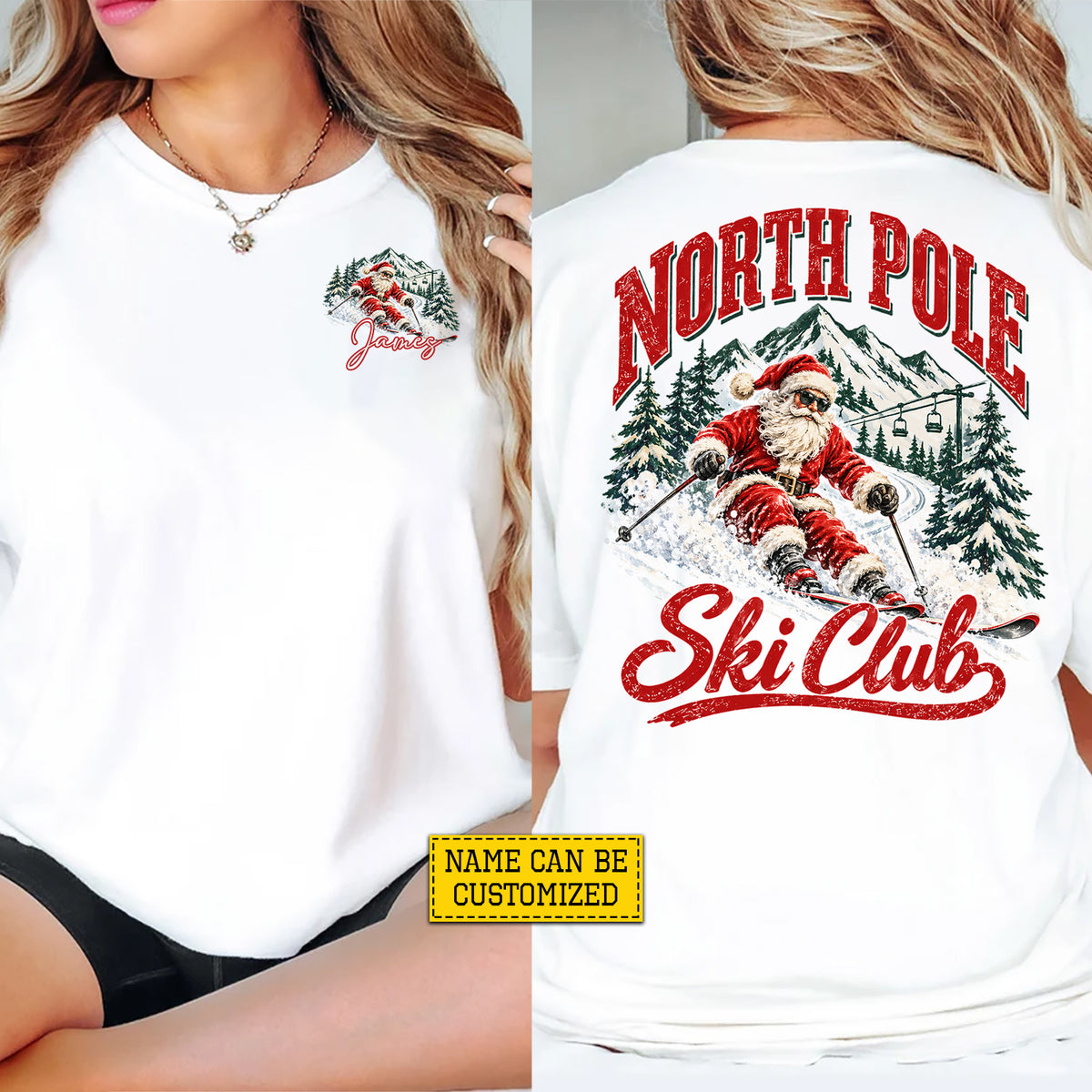 Funny Personalized Skiing Two-sided T-shirt, North Pole Ski Club Tees Xmas Gift For Skiing Lover