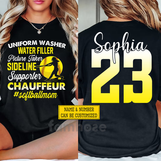 Personalized Softball Mom Two-sided T-shirt, Uniform Washer Water Filler Tees Mother's Day Gift For Softball Lover