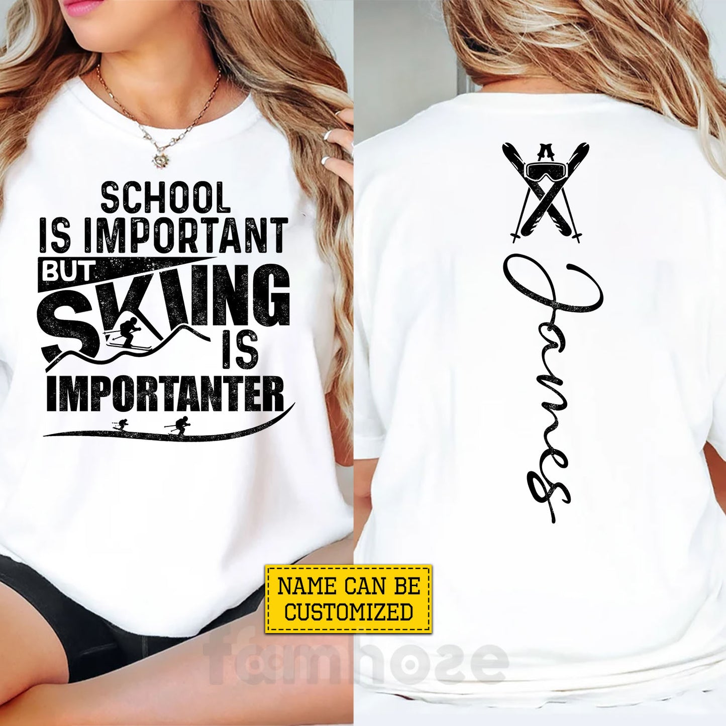 Personalized Skiing First Day Of School Two-sided T-shirt, School Is Important Back To School Sport Tees, Student Gift For Skiing Lover