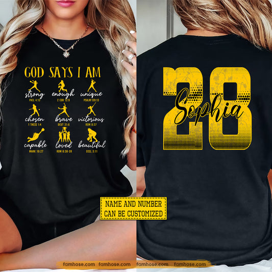 Personalized Softball Girl Two-sided T-shirt, God Says I Am Sport Tees Gift For Christian, Softball Lover