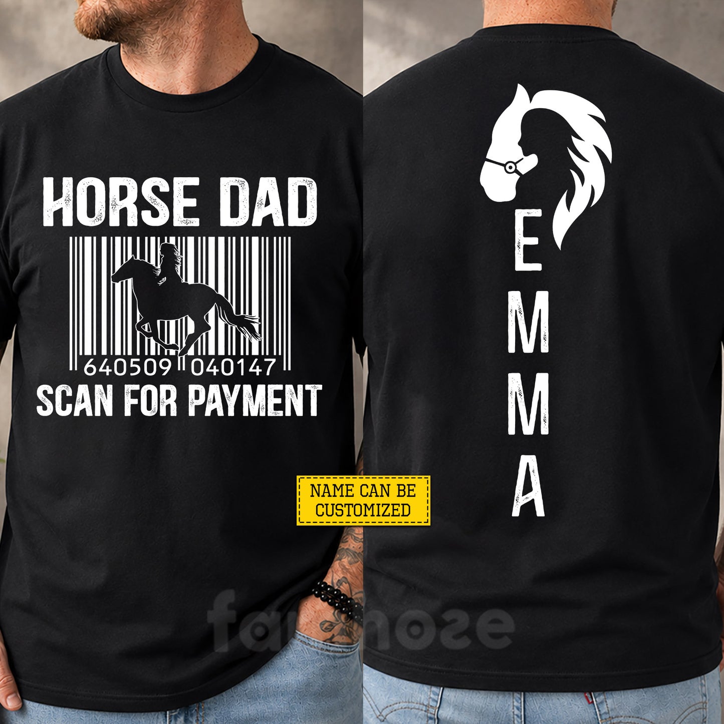 Personalized Horse Dad Daughter Two-sided T-shirt, Horse Dad Scan For Payment Tees Father's Day Gift For Horse Girl