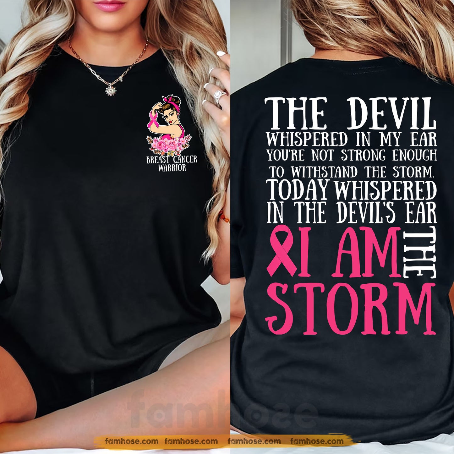 Breast Cancer Awareness Two-sided T-shirt, I Am The Storm Pink Ribbon Tees Gift For Breast Cancer Warrior