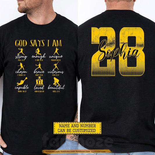 Personalized Softball Girl Two-sided T-shirt, God Says I Am Sport Tees Gift For Christian, Softball Lover