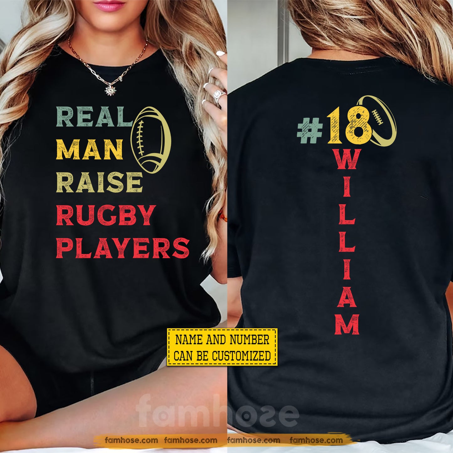 Personalized Rugby Dad Two-sided T-shirt, Real Man Raise Rugby Players Tees Father's Day Gift For Rugby Lovers