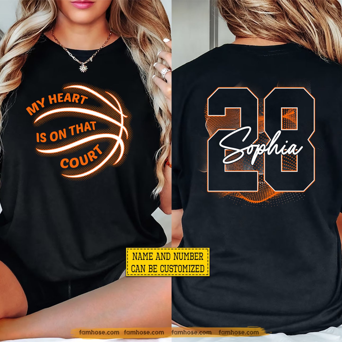 Personalized Basketball Two-sided T-shirt, My Heart Is On That Court Sport Tees Gift For Basketball Lover