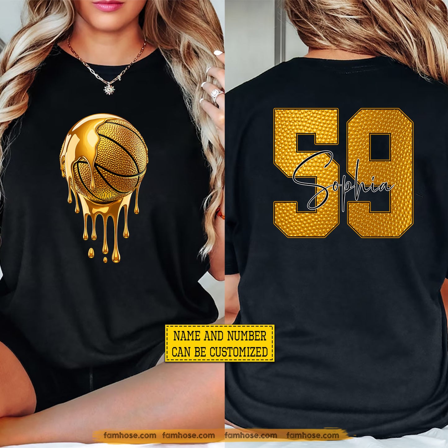 Personalized Basketball Two-sided T-shirt, Drippin' Gold Basketball Sport Tees Gift For Basketball Lover