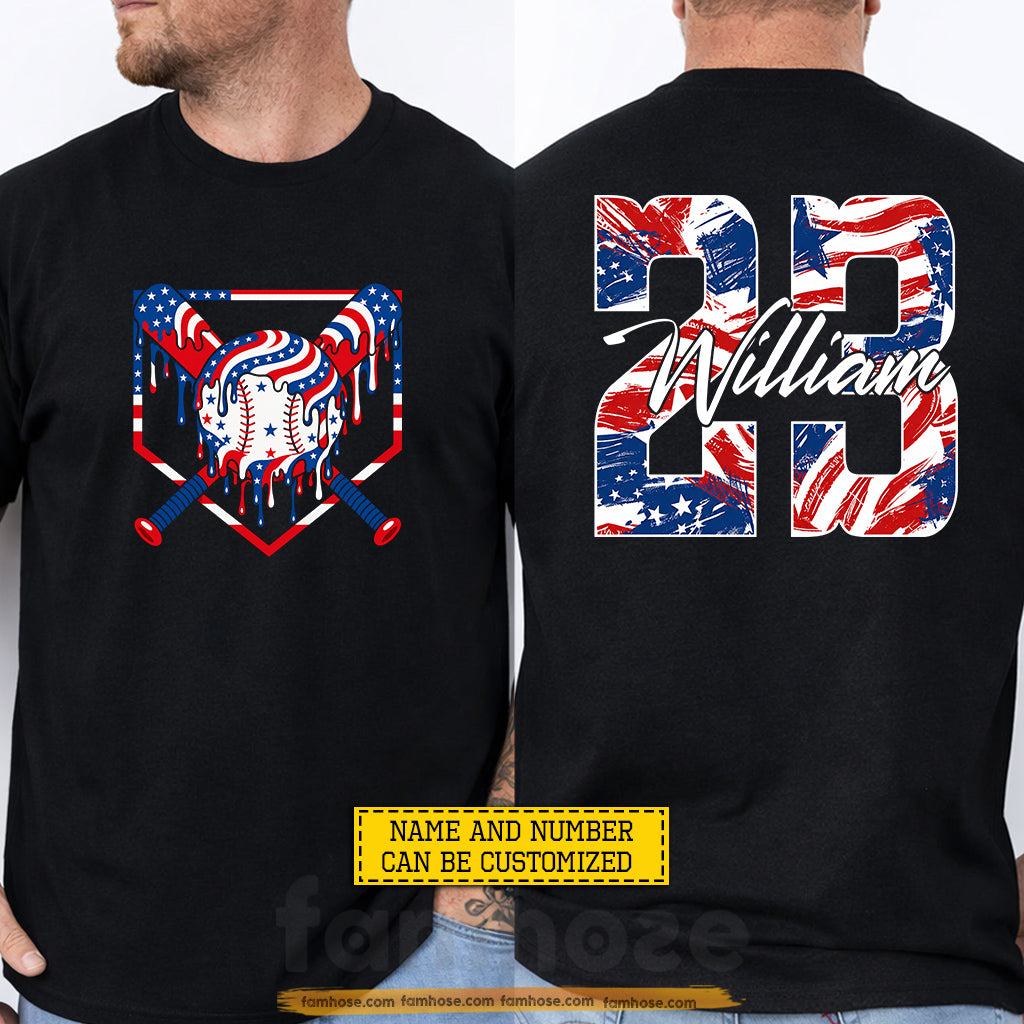 Personalized Baseball July 4th Two-sided T-shirt, Dripping Baseball USA Sport Tees Independence Day Gift For Baseball Lover