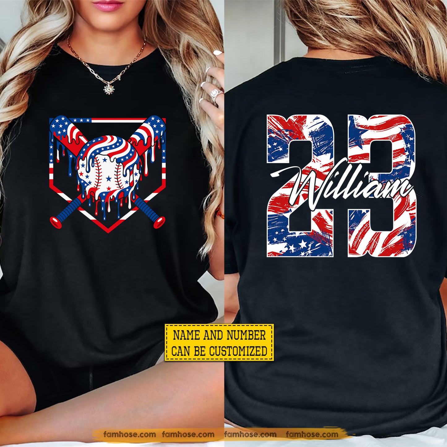 Personalized Baseball July 4th Two-sided T-shirt, Dripping Baseball USA Sport Tees Independence Day Gift For Baseball Lover