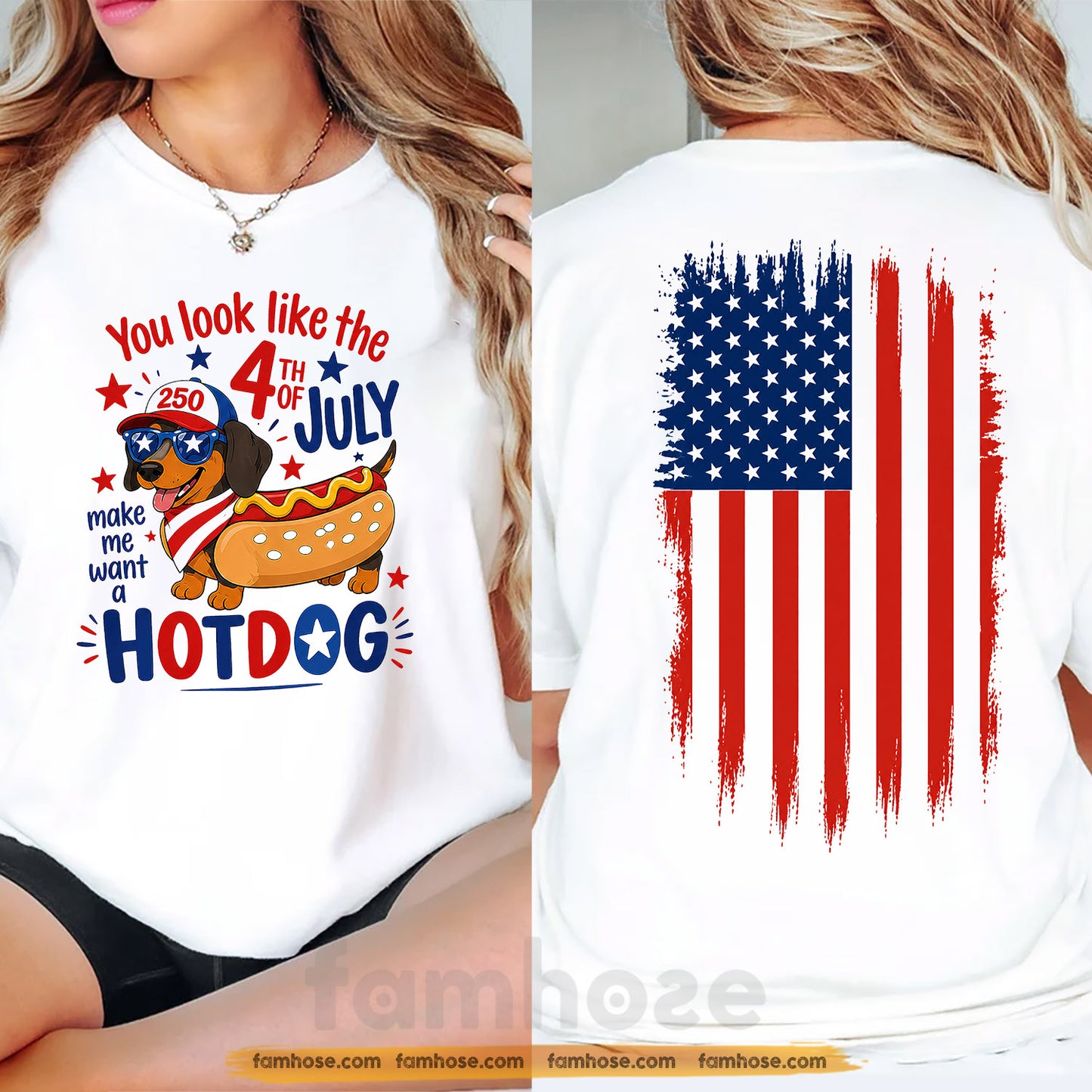 Funny Dachshund Dog July 4th USA 250 Anniversary Two-sided T-shirt, You Look Like The Hotdog Tees Independence Day Gift For Dachshund Lover