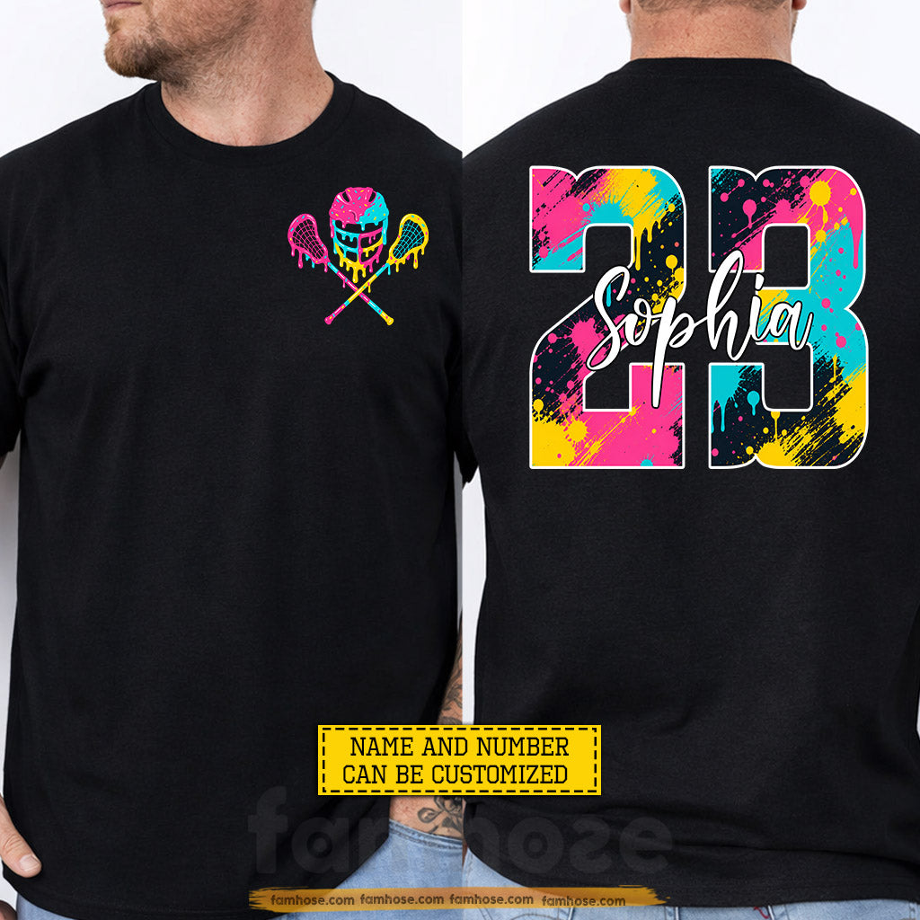 Personalized Lacrosse Two-sided T-shirt, Drippin In Lacrosse Neon Splash Sport Tees Gift For Lacrosse Lover