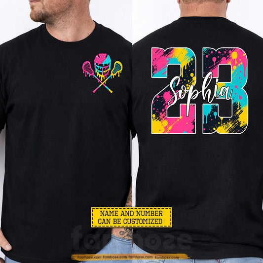 Personalized Lacrosse Two-sided T-shirt, Drippin In Lacrosse Neon Splash Sport Tees Gift For Lacrosse Lover