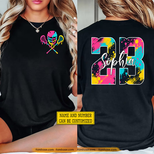Personalized Lacrosse Two-sided T-shirt, Drippin In Lacrosse Neon Splash Sport Tees Gift For Lacrosse Lover