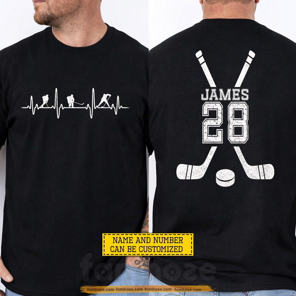 Personalized Hockey Two-sided T-shirt, Hockey Is My Heartbeat Sport Tees Gift For Hockey Lover