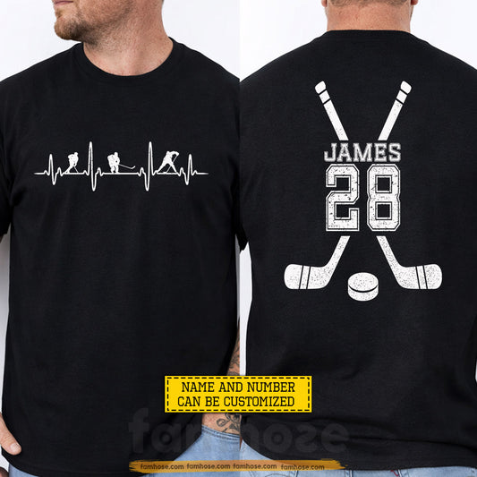 Personalized Hockey Two-sided T-shirt, Hockey Is My Heartbeat Sport Tees Gift For Hockey Lover