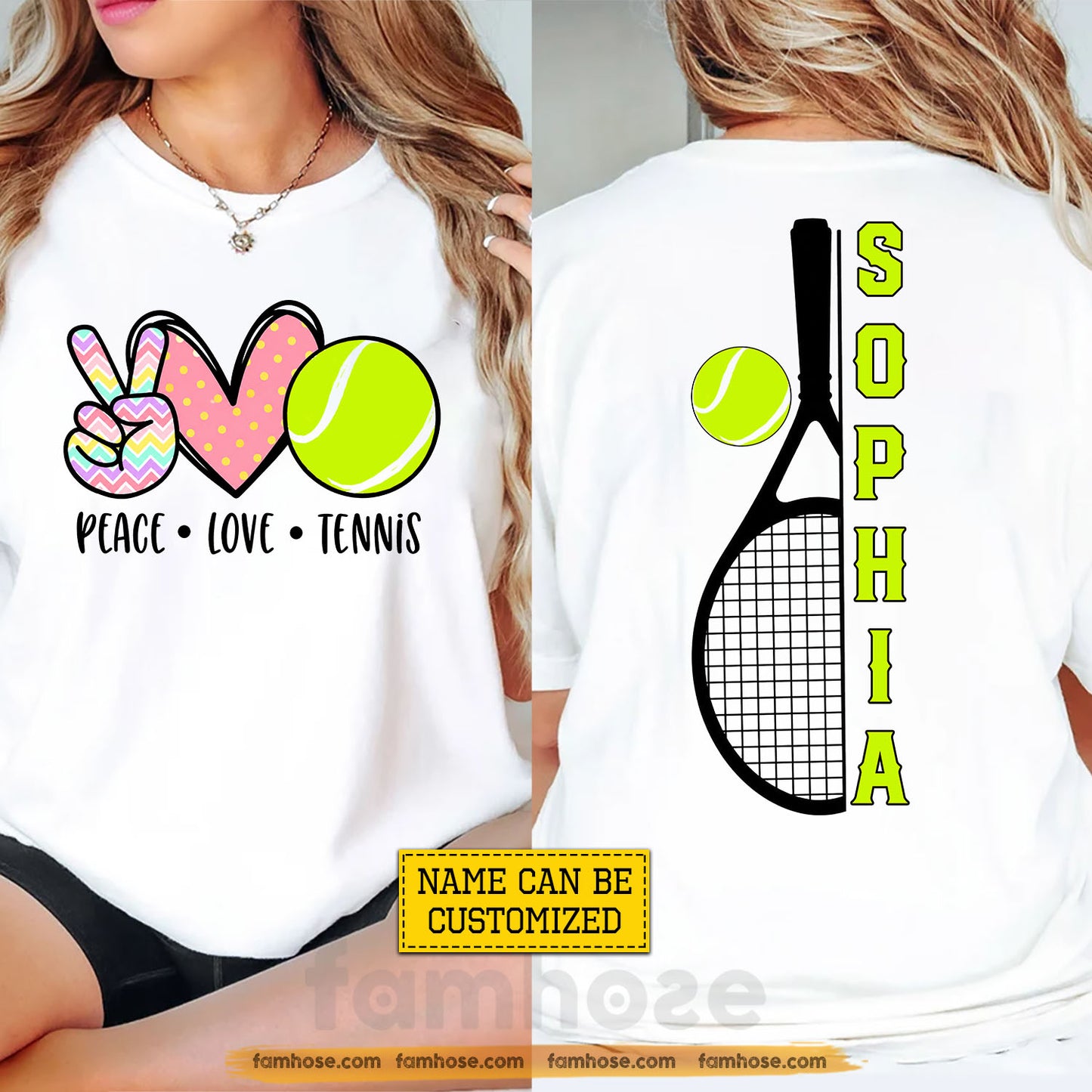 Personalized Tennis Two-sided T-shirt, Peace Love Tennis Sport Tees Gift For Tennis Lover