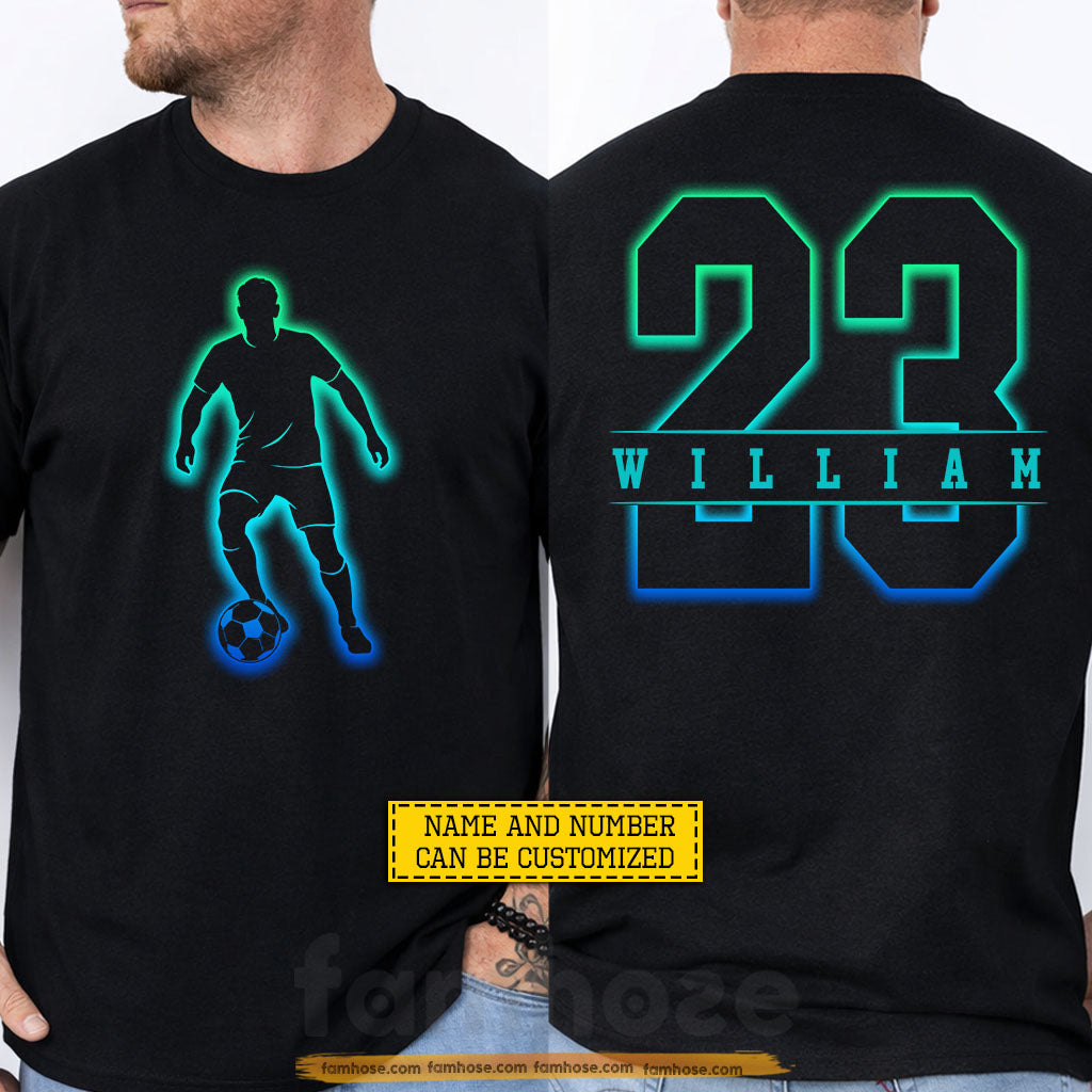 Personalized Soccer Man Two-sided T-shirt, Neon Glow Soccer Sport Tees Gift For Soccer Lovers