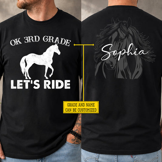 Personalized Horse Riding Back To School Kid Two-sided T-shirt, Let's Ride Preschool Tees Elementary School Student Gift For Horse Riding Lover