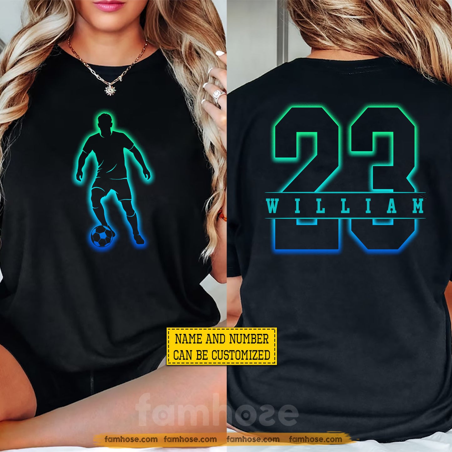 Personalized Soccer Man Two-sided T-shirt, Neon Glow Soccer Sport Tees Gift For Soccer Lovers