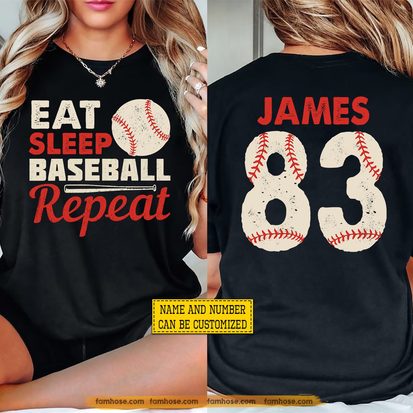 Personalized Baseball Two-sided T-shirt, Eat Sleep Baseball Repeat Sport Tees Gift For Baseball Lover