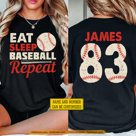 Personalized Baseball Two-sided T-shirt, Eat Sleep Baseball Repeat Sport Tees Gift For Baseball Lover