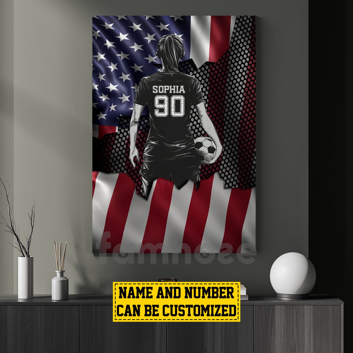 Personalized Soccer Girl Canvas Painting, Stars, Stripes & Soccer Dreams Sports Wall Art Decor, Poster July 4th Gift For Soccer Lovers