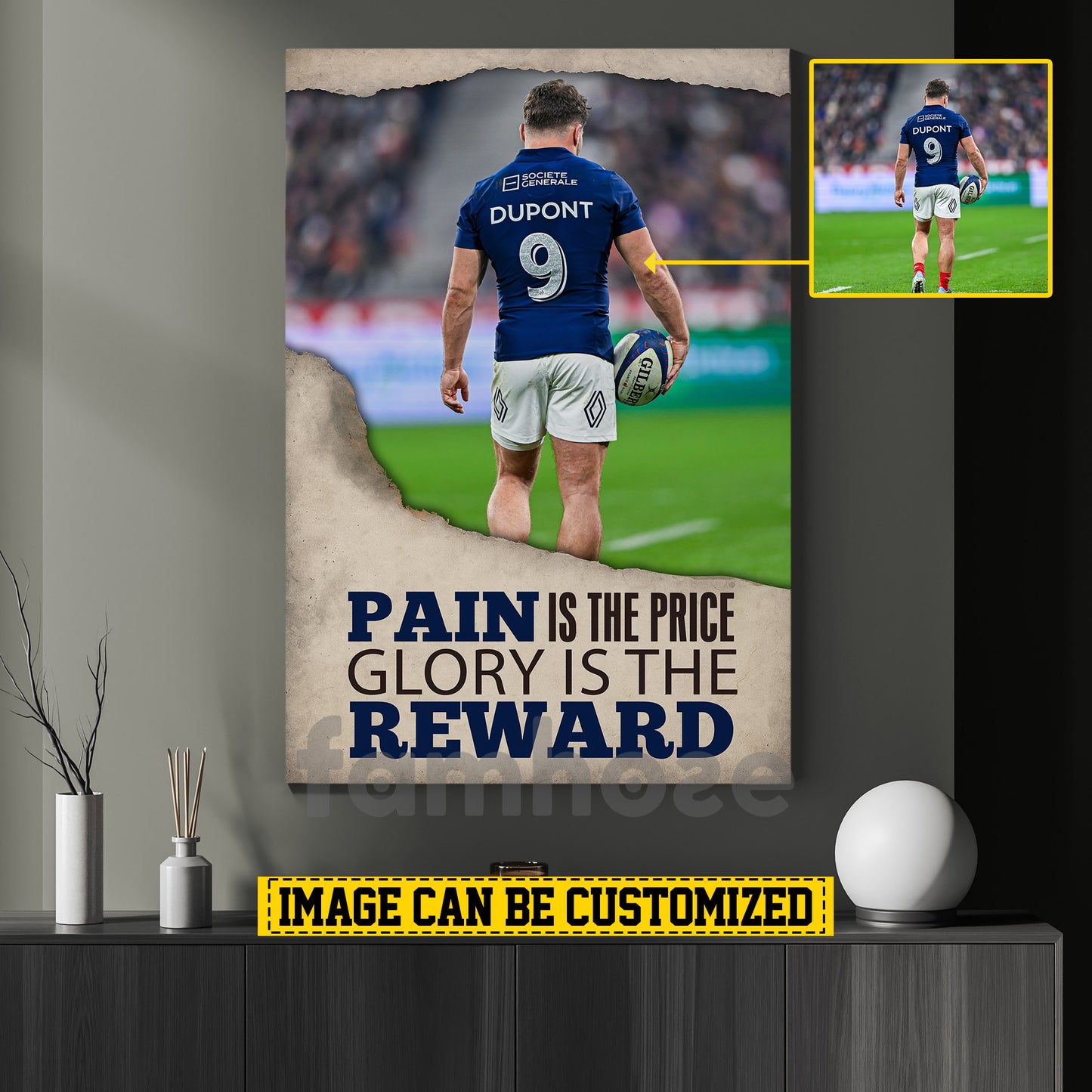 Motivational Personalized Rugby Man Canvas Painting, Pain Is The Price Sport Wall Art Decor, Poster Gift For Rugby Lovers