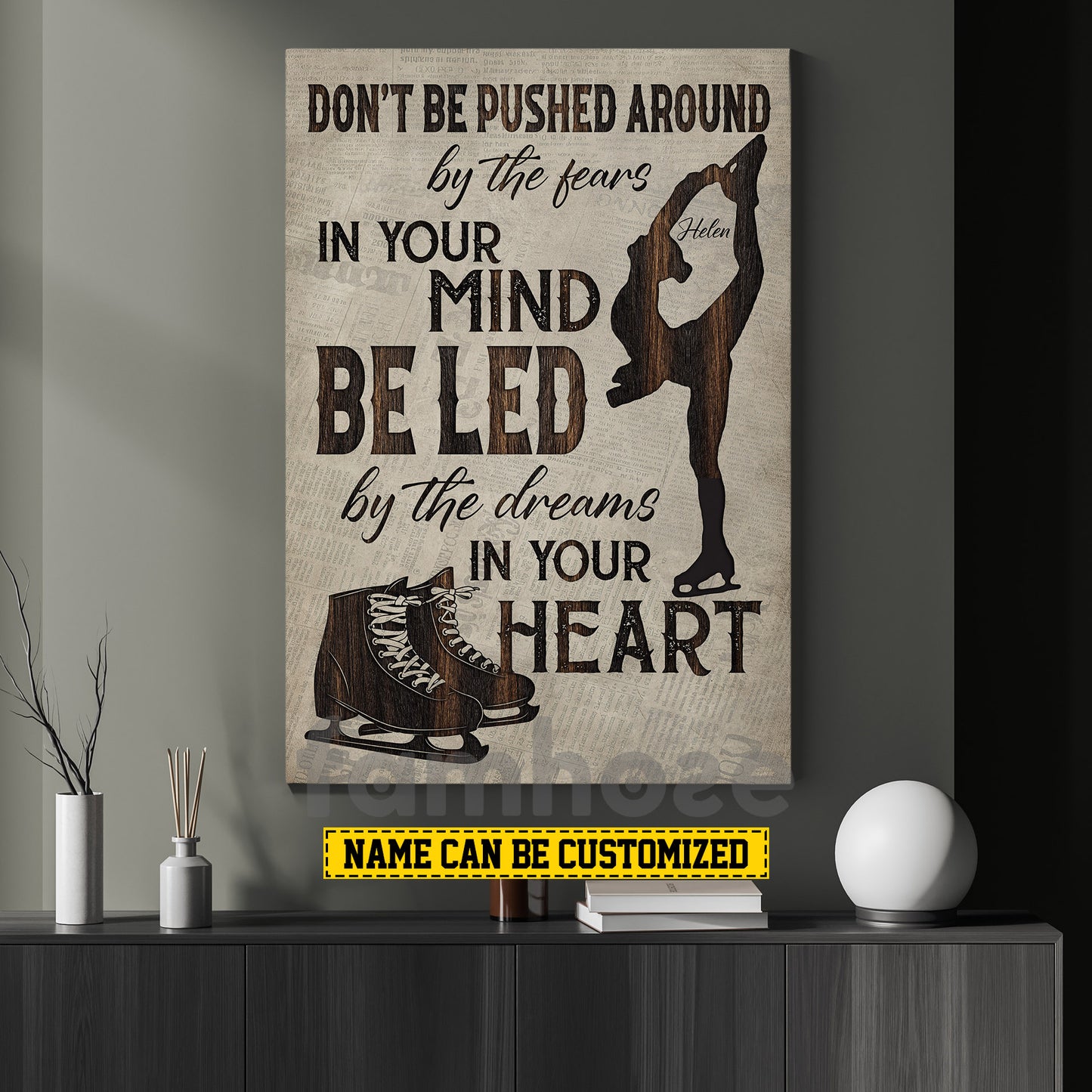 Motivational Personalized Ice Skating Girl Canvas Painting, Don't Be Pushed Around Sport Wall Art Decor, Poster Gift For Ice Skating Lovers