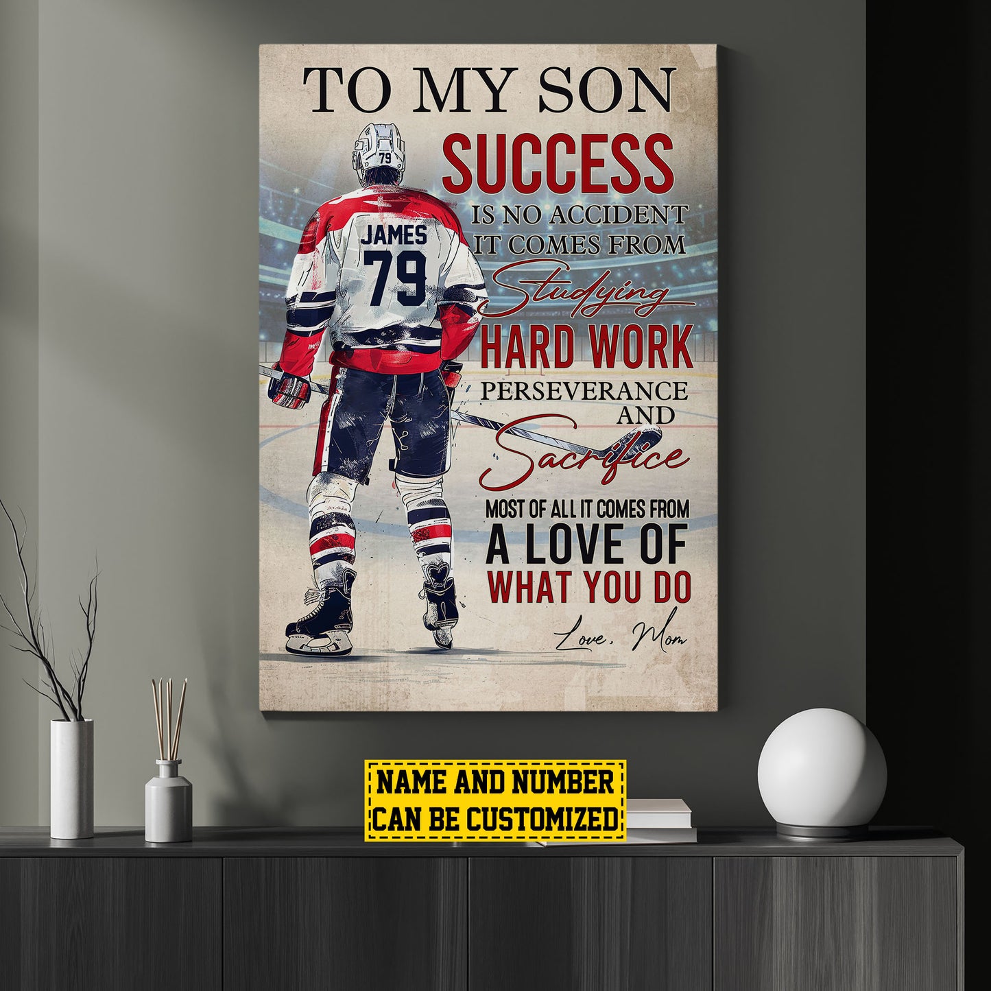 Personalized Hockey Boy Canvas Painting, To My Son Success Is No Accident, Sports Quotes Wall Art Decor, Poster Gift For Hockey Lovers, Gift For Son From Dad,Mom