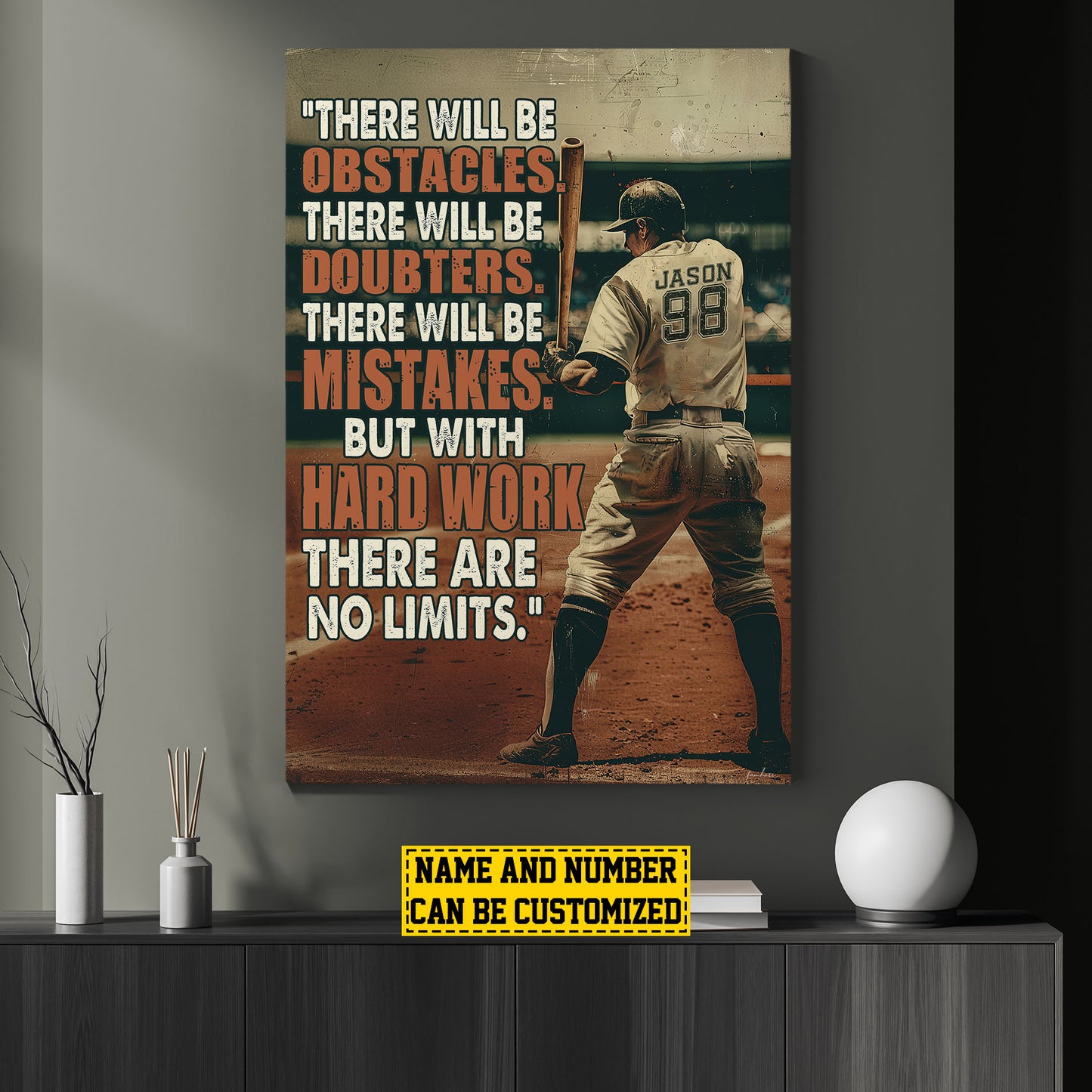 Personalized Baseball Boy Canvas Painting, Hard Work There Are No Limits, Sports Quotes Wall Art Decor, Poster Gift For Baseball Lovers, Baseball Boys