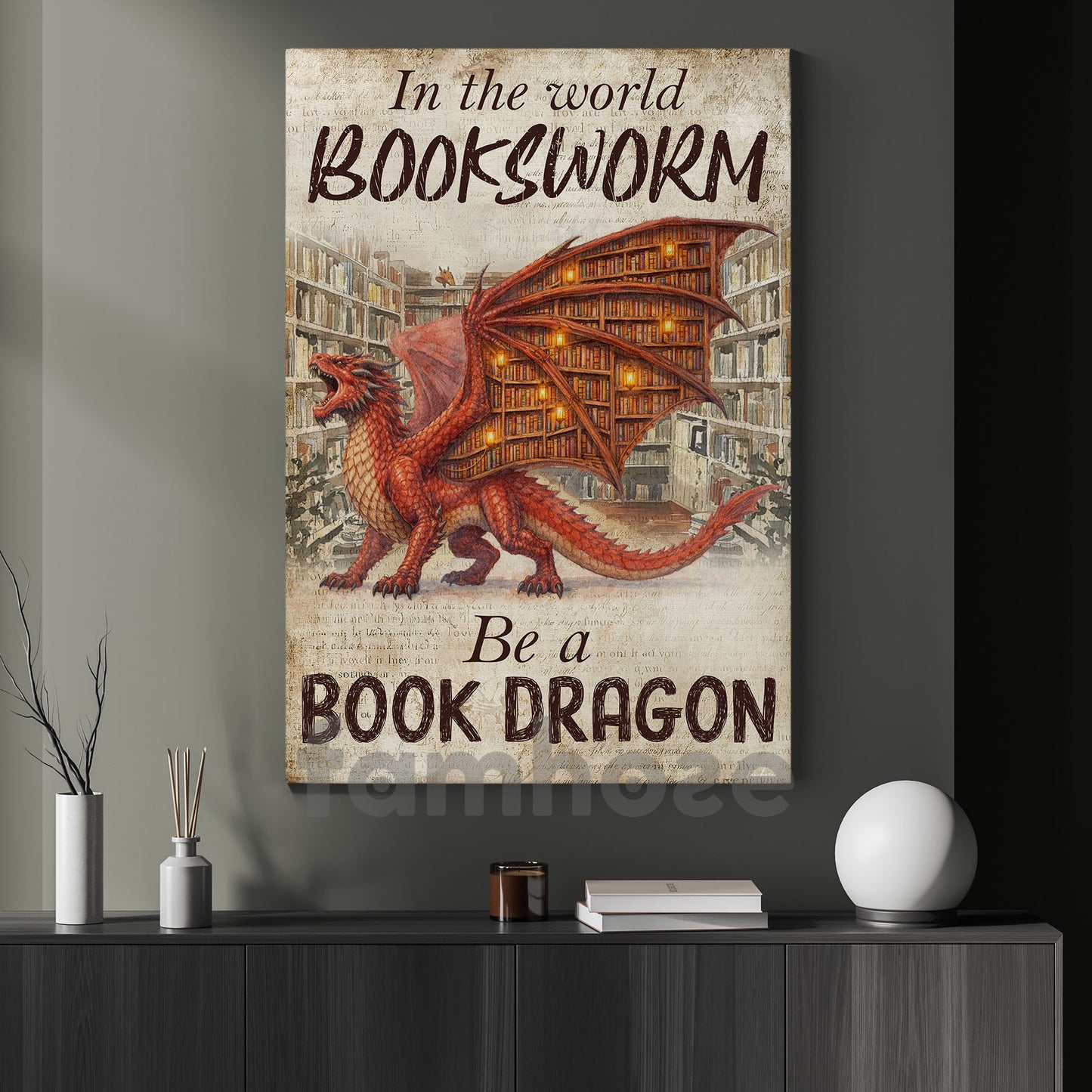 Funny Book Canvas Painting, In The World Bookworm Be A Book Dragon Wall Art Decor, Poster Gift For Dragon Lovers