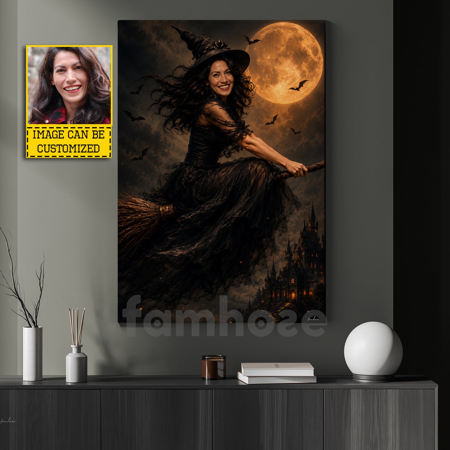 Personalized Halloween Flying Witch Canvas Painting, Fly Me To The Full Moon Wall Art Decor, Spooky Season Poster Gift For Witch Lover