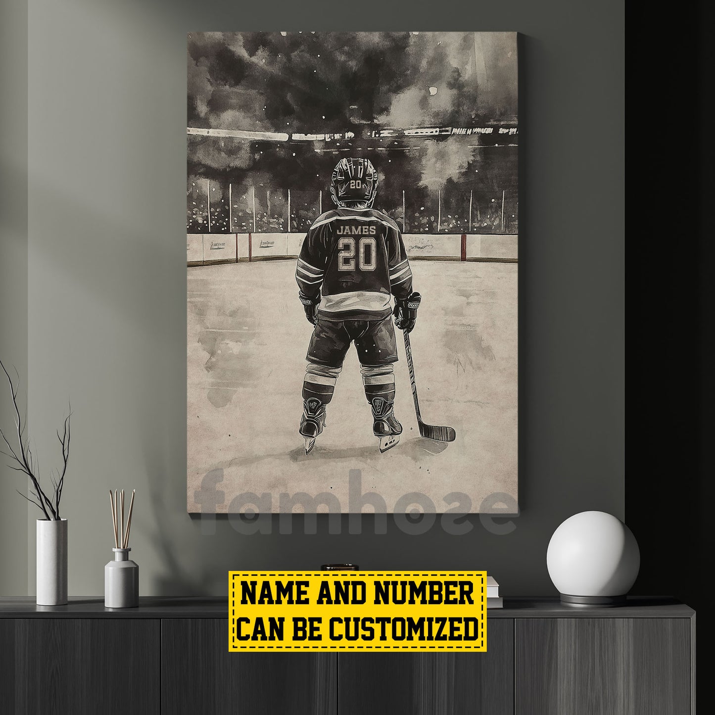Personalized Hockey Kid Boy Canvas Painting, Hockey Player On Ice Wall Art Decor, Poster Gift For Hockey Lovers
