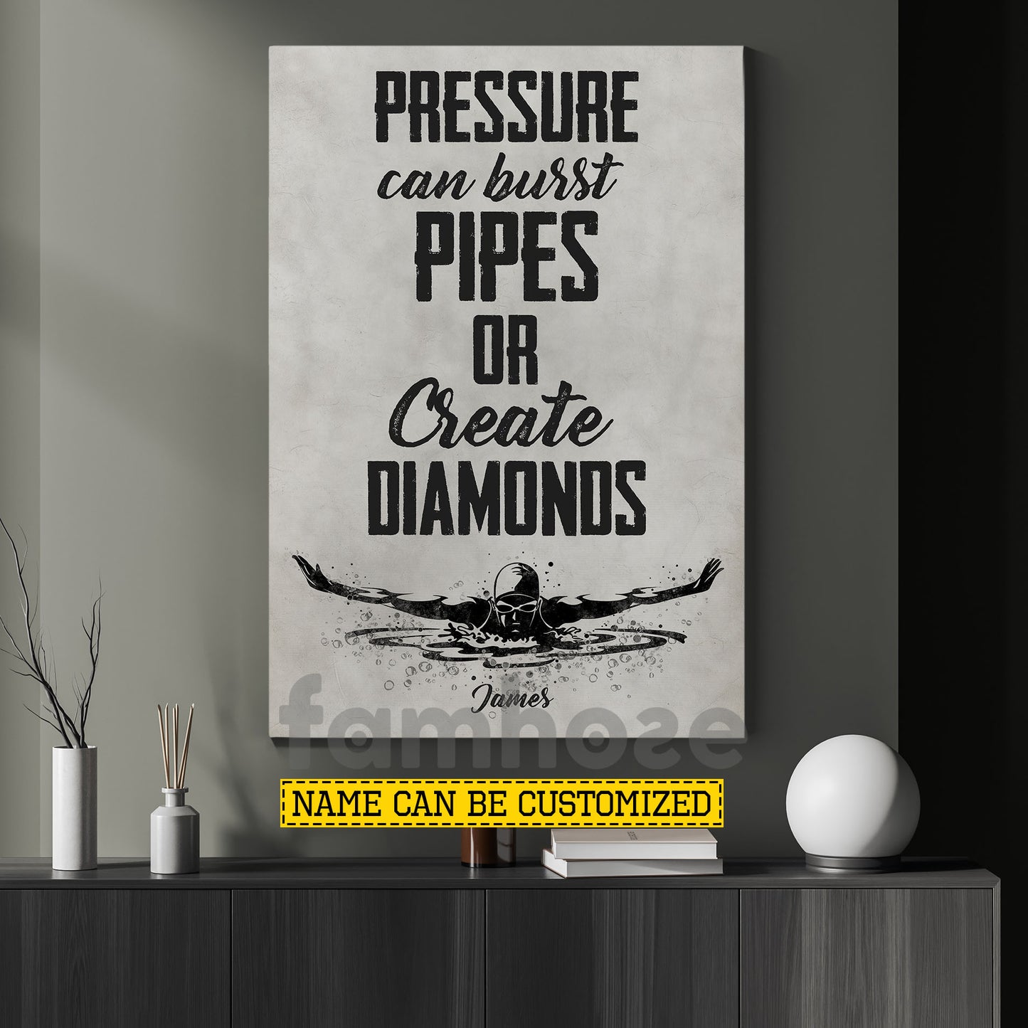 Motivational Personalized Swimming Can vas Painting, Pressure Can Burst Pipes Or Create Diamonds Sport Wall Art Decor, Poster Gift For Swimming Lovers